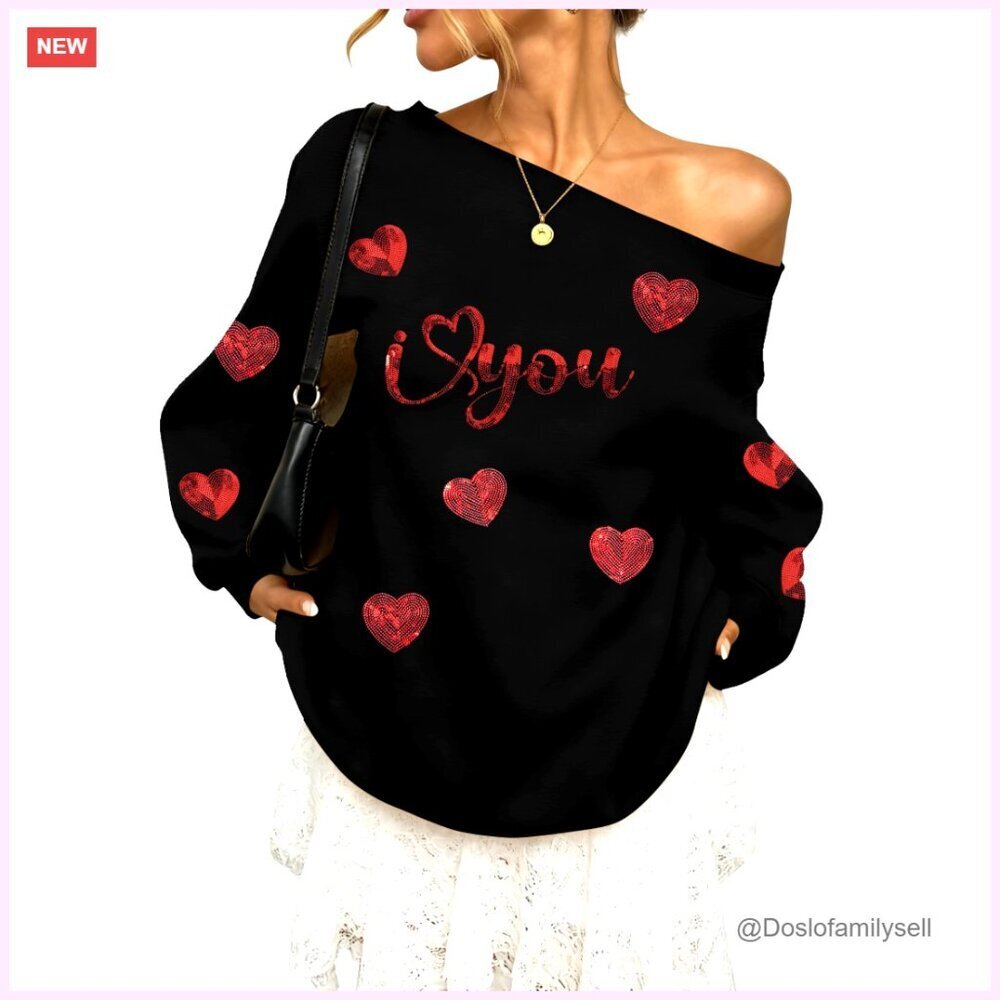 Oversized Off Shoulder Sweatshirt Long Sleeve Sequin Heart Print Casual Y2K